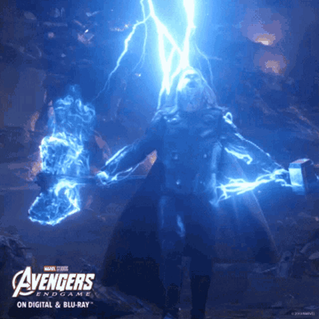 a poster for the movie avengers endgame showing thor holding a hammer