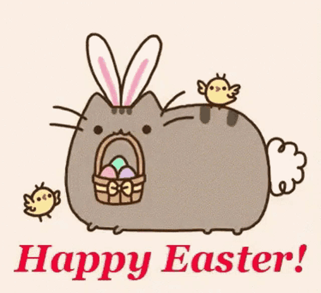 a cat with bunny ears is holding a basket of easter eggs and two chicks .