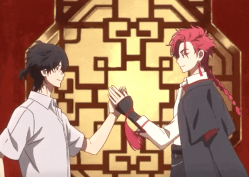 two anime characters giving each other a high five in front of a window