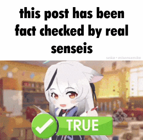 a cartoon girl is standing in front of a green check mark that says true .
