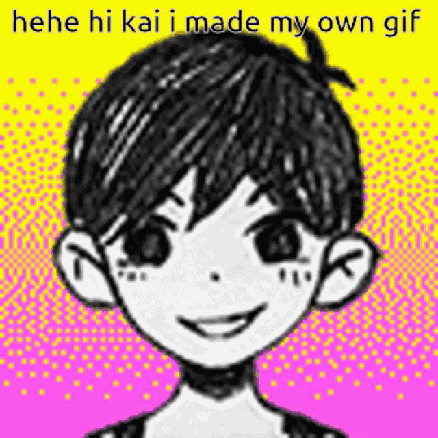 a black and white drawing of a boy with the words " hee hi kai i made my own gif " above it