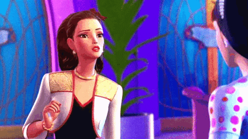a barbie doll is standing next to a barbie doll in a room .