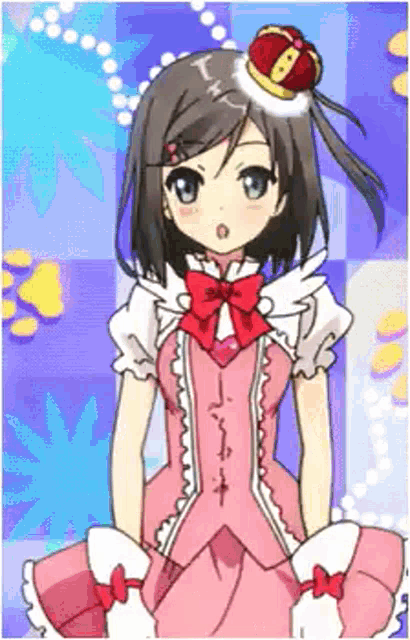 a girl with a crown on her head is wearing a pink and white dress