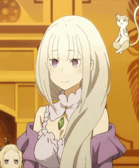 a girl with white hair and purple eyes is wearing a necklace with a green stone