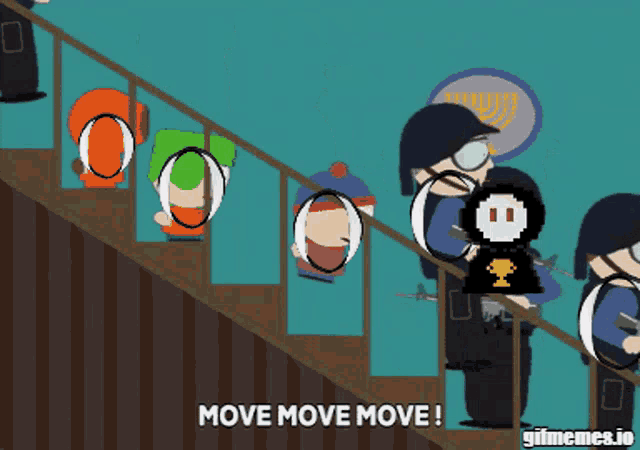 a cartoon of a group of people standing on stairs with the words move move move