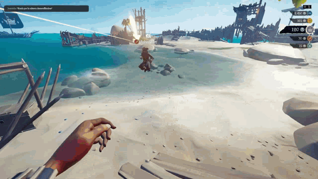a screenshot of a video game shows a pirate being attacked by another player