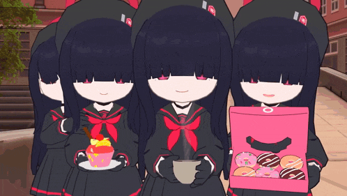 a group of anime girls holding a box of donuts and a cup of tea