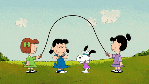 three cartoon characters are playing with hula hoops in a grassy field