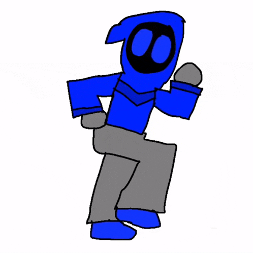 a blue and gray cartoon character with a hood and a black face is dancing .
