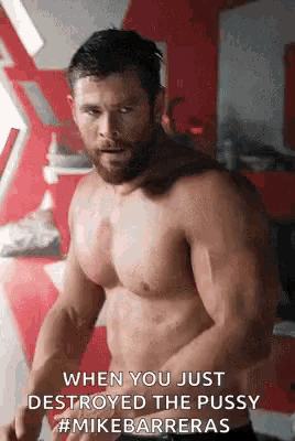 a shirtless man with a beard is standing in front of a mirror .