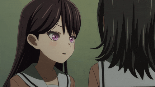 a girl with purple eyes looks at another girl with black hair