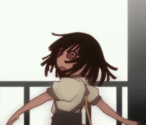 a girl with a swirl on her face is standing on a balcony