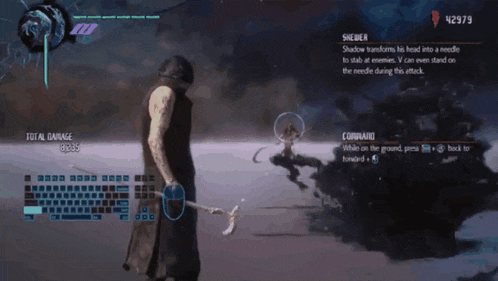 a screenshot of a video game shows a man holding a spear and the number 42979