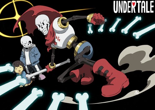 a poster for undertale shows a skeleton holding a sword