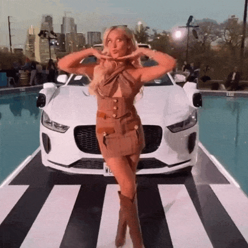 a woman in a brown dress is standing in front of a white car with a license plate that says wlu