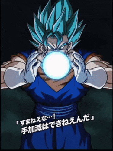 a cartoon character with blue hair and white gloves is holding a ball