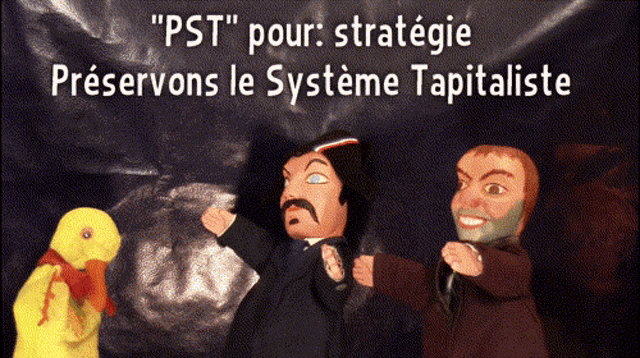 three puppets are standing in front of a sign that says " pst pour strategie "