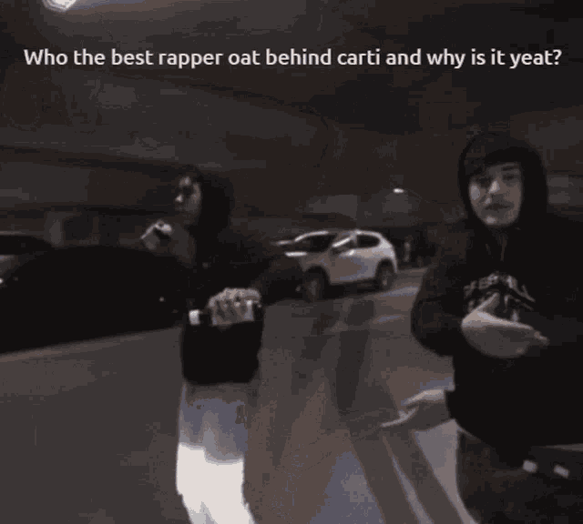 two men in an elevator with the caption who the best rapper oat behind carter and why is it yeat