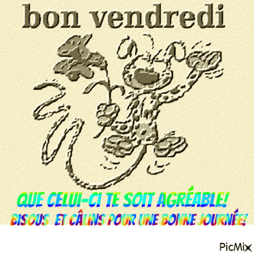 a drawing of a leopard holding a flower with the words bon vendredi below it