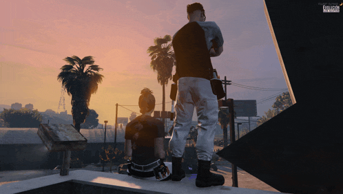 a video game screen shows a man and a woman standing on a ledge