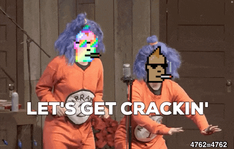 two people in orange jumpsuits are dancing in front of a microphone with the words let 's get crackin '
