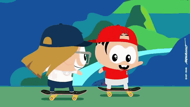 a cartoon of a boy and a girl riding skateboards with the word mauricio on the bottom