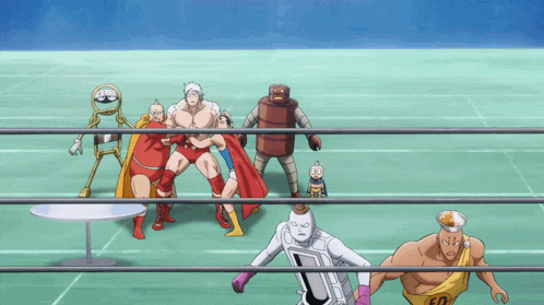 a group of wrestlers are standing on a wrestling ring and one of them is wearing a shirt that says ed