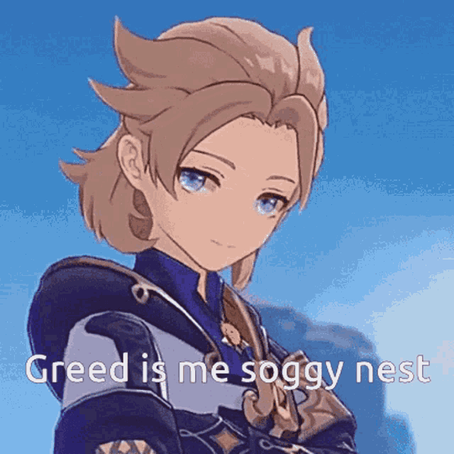 a close up of a cartoon character with the words greed is me soggy nest .