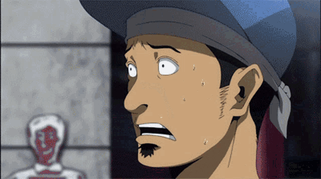 a man wearing a blue hat looks surprised