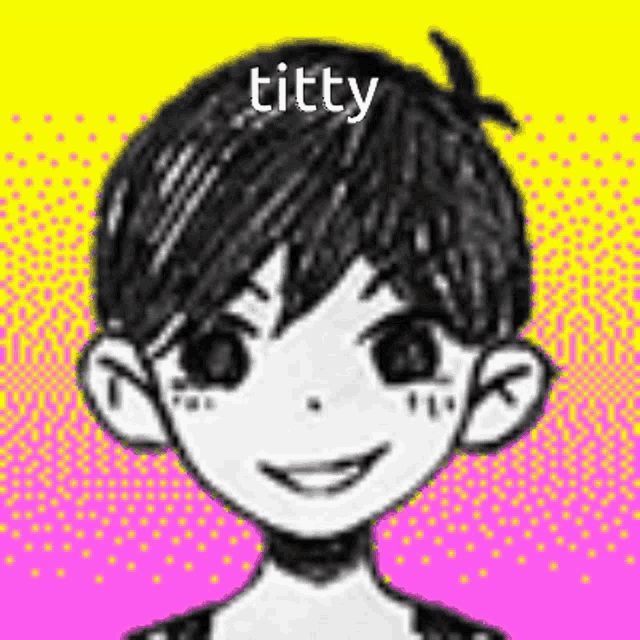 a black and white drawing of a boy with the word titty on top of him .