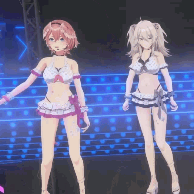 two anime girls are dancing on a stage in bikinis