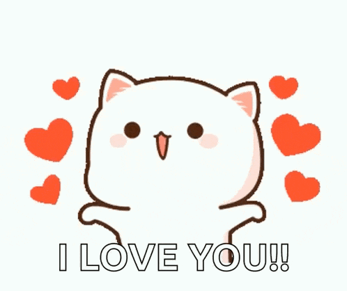 a cartoon cat is surrounded by red hearts and says i love you !