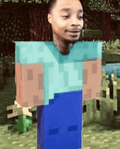 a man in a blue shirt is standing in a field in a video game .