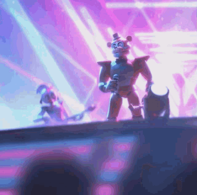 a robot holding a microphone stands on a stage in front of a crowd