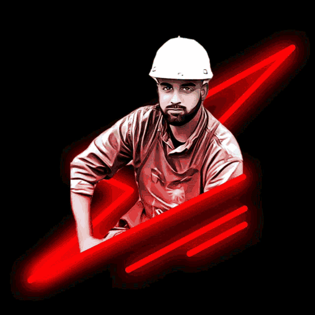 a man with a beard wearing a hard hat is surrounded by neon lights