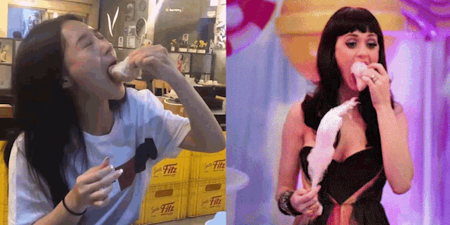 a woman eating a chicken next to a picture of a woman eating a chicken