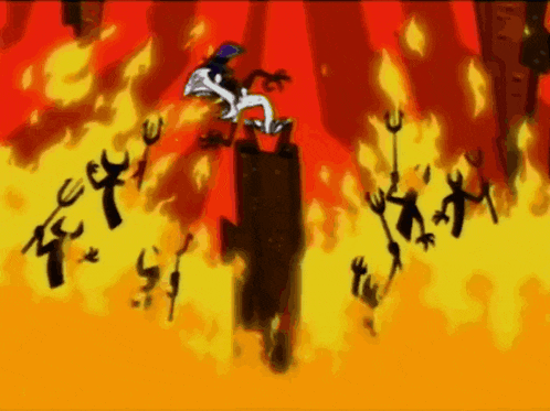 a cartoon drawing of a man standing on top of a burning tower