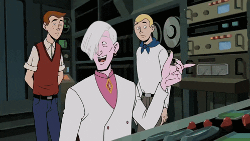 a cartoon of a man in a white suit and pink shirt
