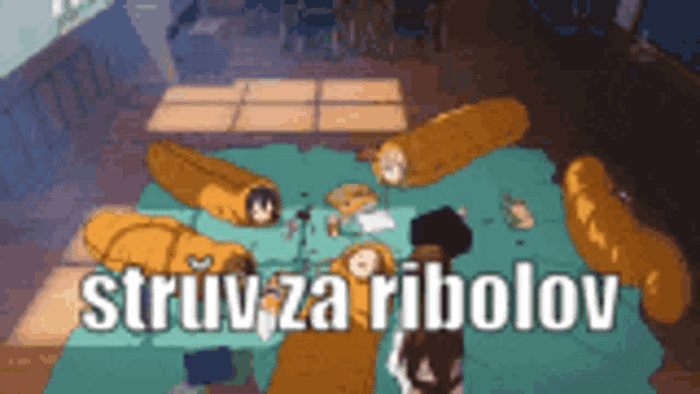 a cartoon scene with the words struv za ribolov on it