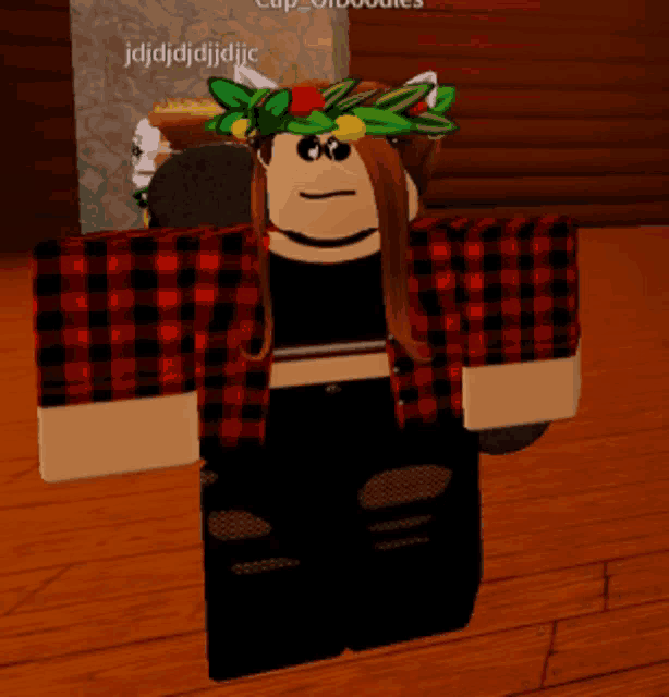 a girl in a red and black plaid shirt and black jeans