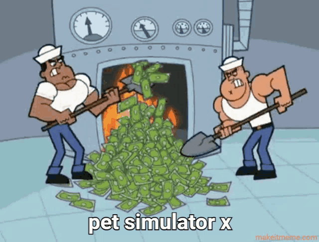 a cartoon of two men digging in a pile of money with the words pet simulator x below them