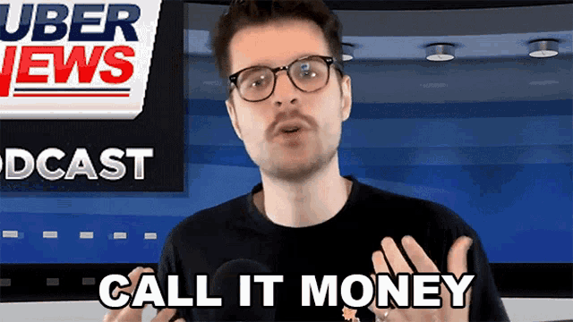 a man wearing glasses says call it money in front of an uber news logo