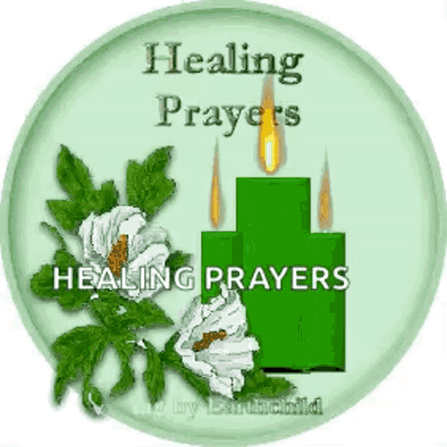 a picture of a green candle with the words " healing prayers " on it