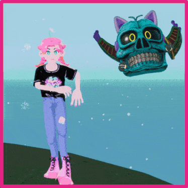 a girl with pink hair is standing next to a skull with a cat 's head
