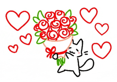 a drawing of a cat holding a bouquet of roses with hearts around it