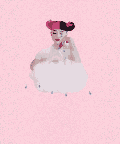 a woman with pink and black hair is floating in a white cloud