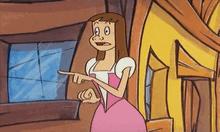 a cartoon woman in a pink dress is pointing at something in front of a building .