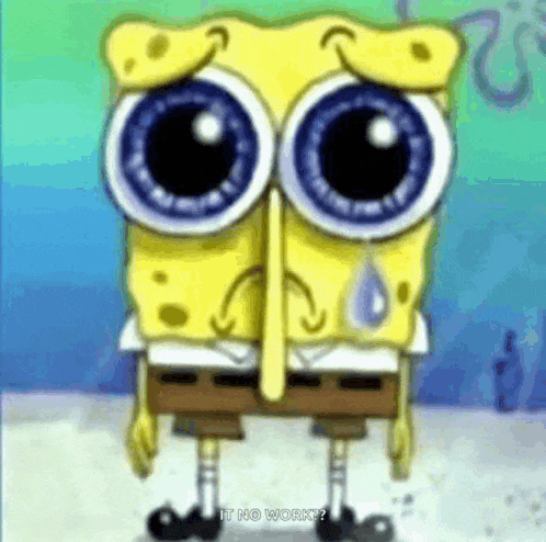 spongebob squarepants is crying with a tear coming out of his nose while standing on the beach .