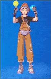 a cartoon character with a hat and overalls is holding a blue object