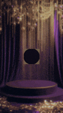 a stage with a purple curtain and a black circle in the middle